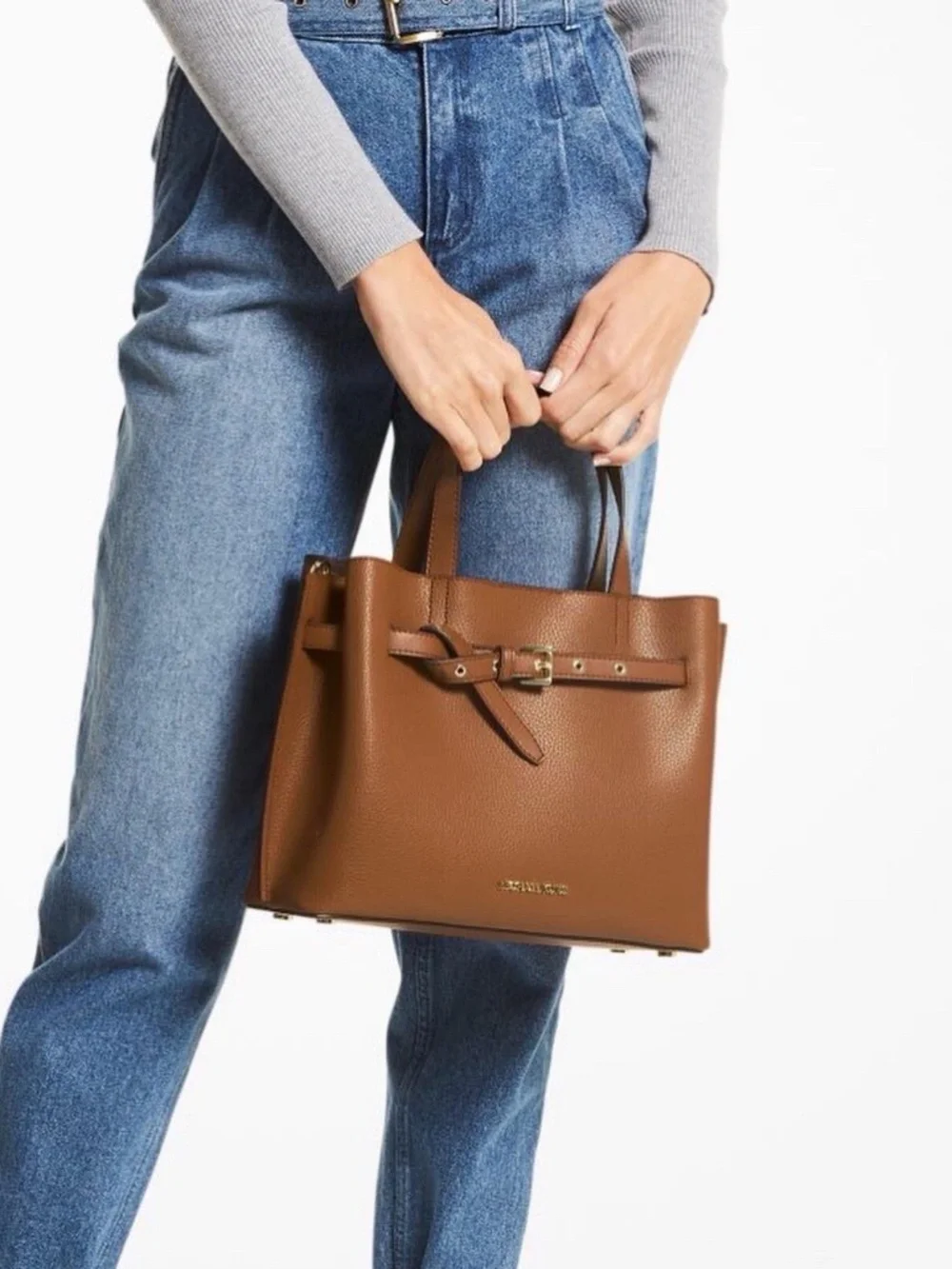 Michael Kors Emilia Large Pebbled Leather Satchel Crossbody Bag Luggage Brown